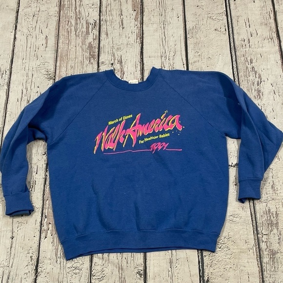 Vintage 90s March of Dimes Walk America 1991 Blue Crewneck Sweatshirt - Picture 1 of 9